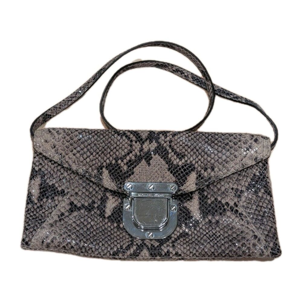 Michael Kors Python Print Clutch Shoulder Bag Convertible Neutral Glam